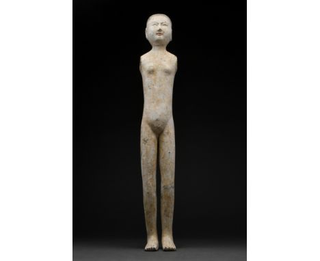 Ca. 202 BC-220 AD.A Han Dynasty pottery stick-woman. This pottery figure is standing on thin feet, the body slender and naked