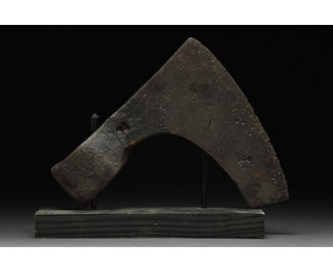 Ca. 900-1000 AD.An iron bearded axe head with an elongated, heavy blade and a socket. Further information on Viking axes can 