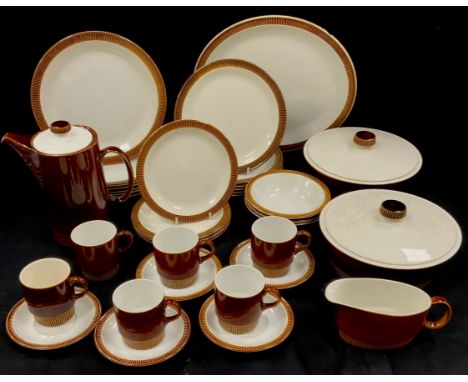 Poole retro ‘Chestnut’ pattern table service comprised; a coffee, five coffee cups and saucers, six dinner plates, six medium