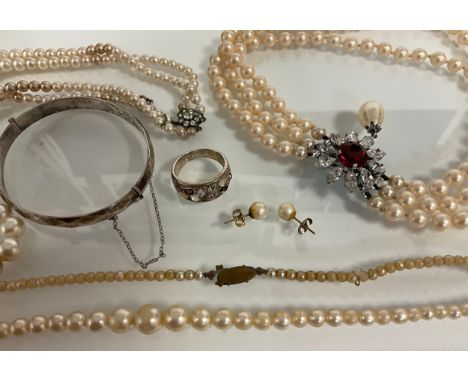 Jewellery - a pair of cultured pearl 9ct gold mounted earrings,  simulated pearl necklaces,  silver hinge bangle etc