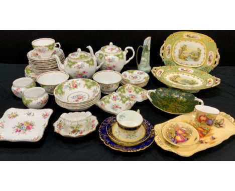 19th century hand painted dishes, with a green border and gilt detail;Floral decorated tea ware including; tea pots, bowls, t