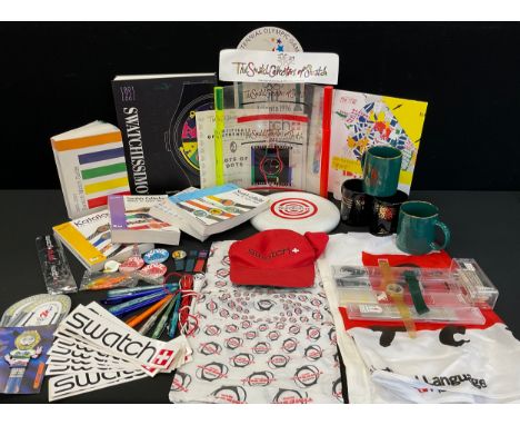 Swatch - Collectors club items inc Watch my Swatch curved panel;  stickers, Atlanta gate fold cards, cups, empty watch boxes,