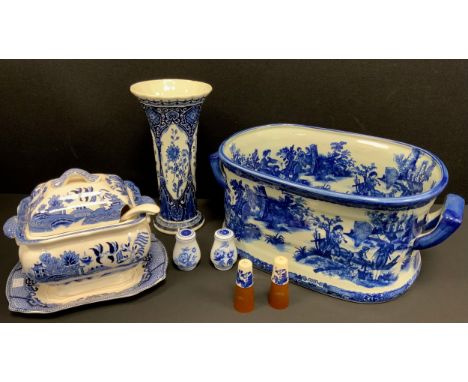 A reproduction blue and white footbath planter, Castle landscape;  sauce tureen and stand etc