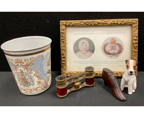 Boxes and Objects - a 19th century shoe shaped treen snuff box;  pair of early 20th century opera glasses/binoculars;  Victor