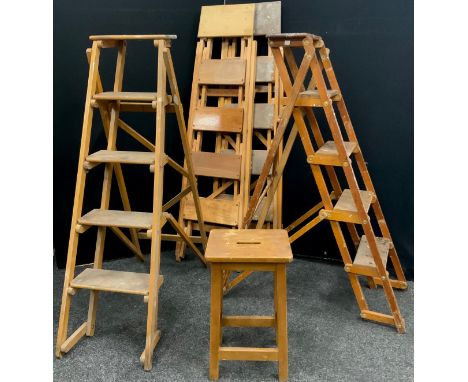 Four sets of vintage beech wood step ladders, each measuring 124cm high (ideal for conversion into two shelving units);  a st