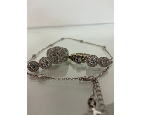 Jewellery - Extendable silver necklace with spectacle-set white cubic zirconia;  Pair of silver double drop cubic zirconia ha