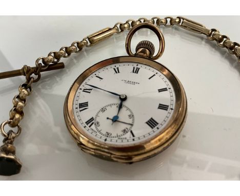 A J W Benson rolled gold cased open face pocket watch, white enamel dial, bold Roman numerals, stem wind movement, original f