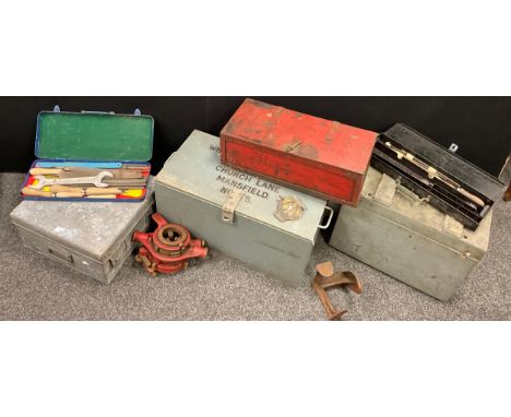 Workshop tools and equipment - an early to mid century wooden tool chest, 37.5cm high x 49cm wide x 37.5cm deep;  others, inc