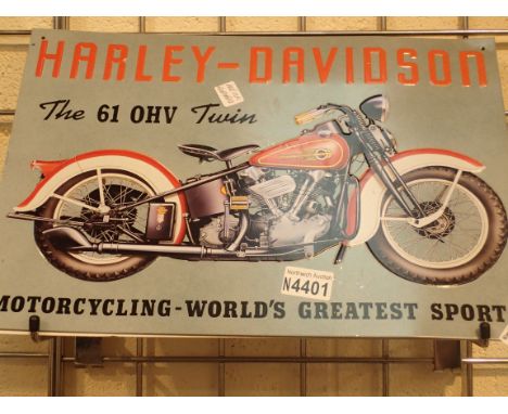 Three reproduction Harley Davidson metal advertising plaques