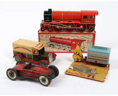 4 Wells of London tinplate vehicles. includes a red racing car with large metal wheels and driver, some wear and tarnishing t
