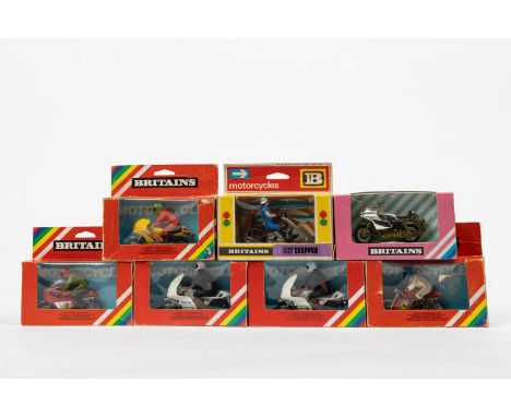 7 Britains Motorcycles. Long fork Chopper ,2x M.V. Augusta, with different colour riders, 2x Policeman on B.M.W., Racing Nort