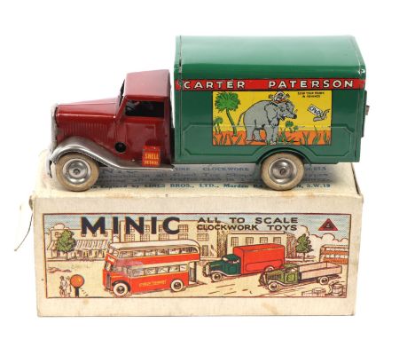 Tri-ang Minic clockwork Carter Paterson Van. Early pre-War issue with reddish brown cab, plated mudguards, petrol can to near