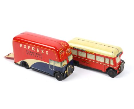2 CHAD VALLEY tinplate toys. removals van "EXPRESS furniture removals" fin red cream and blue, with black rubber wheels, cloc