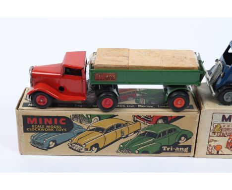3 Tri-ang Minic Clockwork Trucks. A Watneys Beer Lorry, Dark green tractor unit, with red barrel and sign to roof, with woode