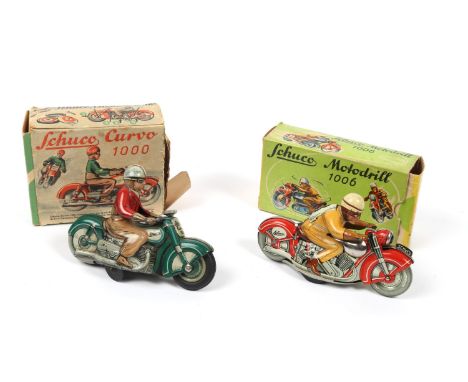 2 SCHUCO motorcycle toys. Motordrill 1006, in red with rider, No.3 to his back, Boxed with one inner flap detached  ut presen