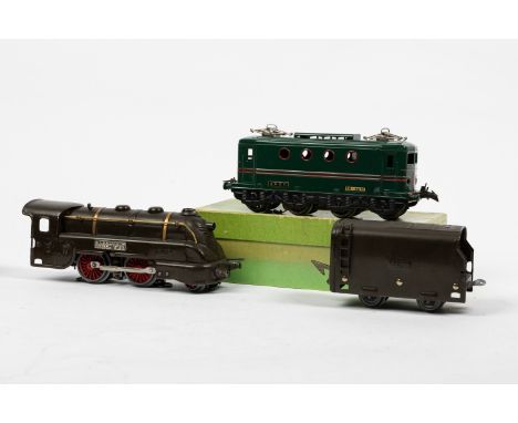 2 French O Gauge Locomotives and coach. An electric 3 rail JEP streamlined SNCF 0-4-0 tender locomotive in dark brown livery,