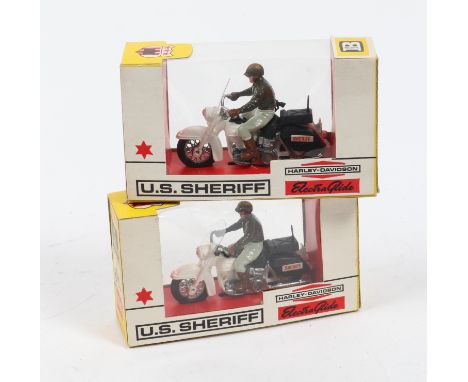 2 Britains 9692 Harley Davidson motorcycles with U.S. Sheriff. These are unused old stock. never removed from their boxes. VG