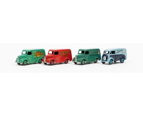 4 Dinky Toys. 3x Trojan Vans, CYDRAX in green, Chivers Jellies in dark green and a DUNLOP in red. Plus a Morris J, Capstan in