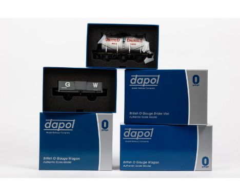 5 Dapol "British O Gauge Wagon" freight rolling stock. Plank Open Wagon GWR 25176. Brake Van BR Grey Even Plank S6260. BR 20T