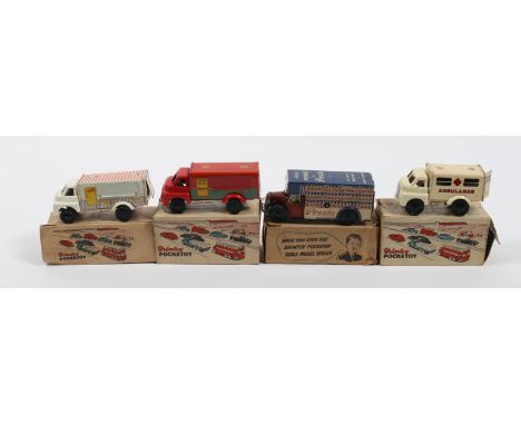 4 Wells Brimtoy Pocket toys Vehicles. Presta Removals van, Ambulance, ice cream van with opening side and rear flap, and a gr