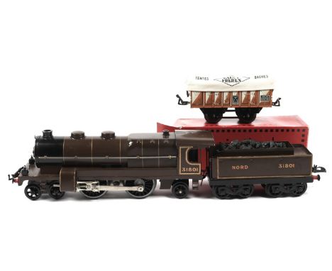 A well restored French Hornby 3 rail electric 4-4-2 Tender Locomotive 31801, in dark brown gold lined livery. Complete with l