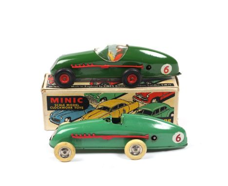 2 Tri-ang Minic clockwork racing cars. An early pre-War example 13M with open cockpit in light green, with tinplate wheels an