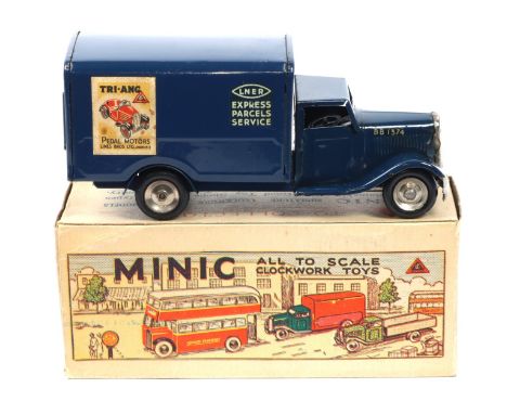 A Tri-ang Minic clockwork LNER Van. In dark blue LNER Express Parcels Service livery, with paper adverts to sides, complete w