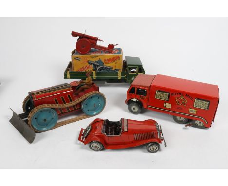 A large Mettoy clockwork tinplate AEC style 3 axle 6 wheel Royal Mail Van. 25cm. In red and yellow George VI Royal Mail yello
