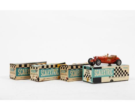 5 Scalextric cars, A Hornby issue D Type Jaguar, E3 Aston Martin with lights in red. C/63 Lotus RE in green, (some surface mo