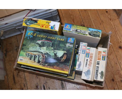 10 various makes of unmade 1:35 Military kits. 5x Italeri - BT-5 Soviet Light Tank. Italeri T-72 M1 Soviet Battle Tank. Germa