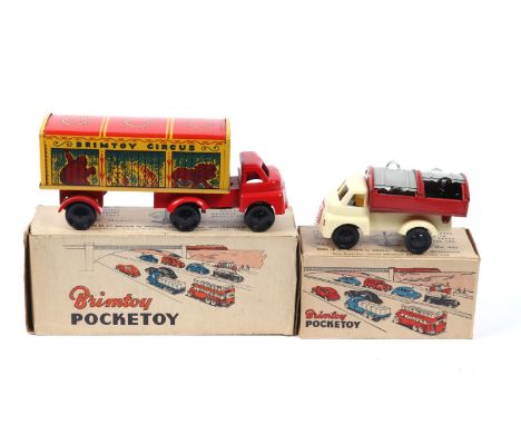2 Wells Brimtoy Pocketoy vehicles. Circus Lorry with opening rear flap and animal litho to each side, detachable Bedford cab,