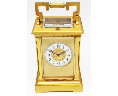 The Grange Goathland - C19th French brass cased Carriage clock, bevelled glass panels with beaded column detail, white Roman 