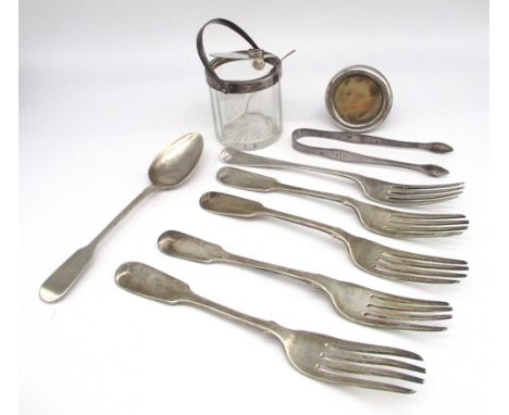 The Grange Goathland - Three Victorian hallmarked silver Fiddle pattern table forks, London 1853, another similar fork, a spo