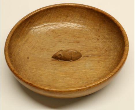 Robert Mouseman Thompson of Kilburn - an oak circular bowl, adzed interior carved with signature mouse, D20cm 