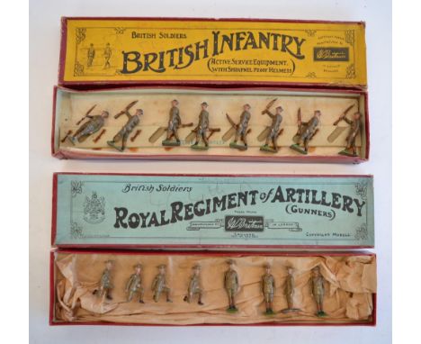 The Grange Goathland - Two vintage W.Britain's hollow lead cast British Army soldier sets, both right arm articulation: No 19