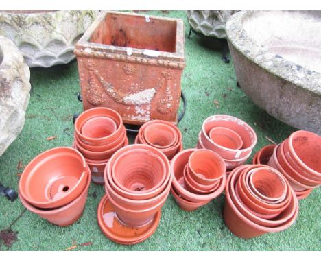 Square terracotta planter, H26cm W26cm, and a collection of small terracotta plant pots 