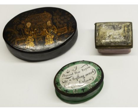 C19th green enamel oval patch box, lid dedicated 'I Present this to you as a trifling mark of my Esteem' probably Battersea, 