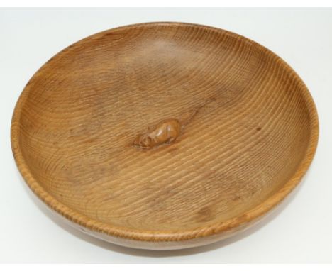 Robert Mouseman Thompson of Kilburn - a large adzed oak circular bowl, carved to centre with signature mouse, D28cm 