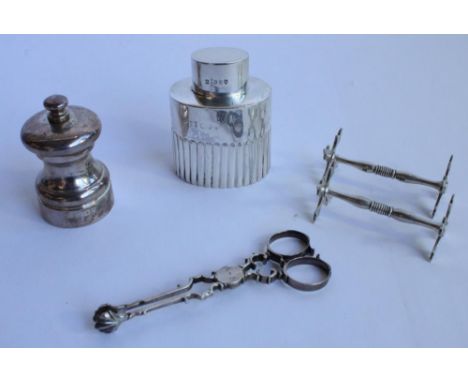 Collection of Geo.111 and later hallmarked silver to include: Victorian silver tea caddy with reeded body, hallmark rubbed H7