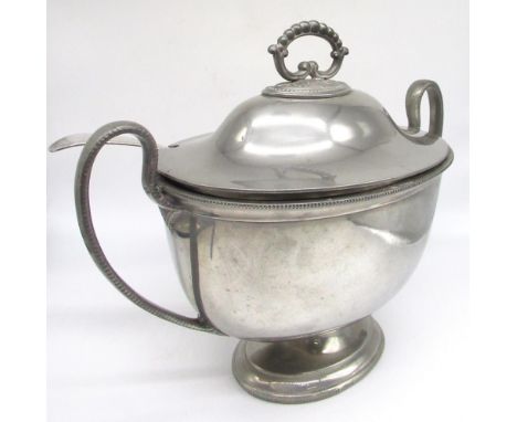 Large Victorian EPNS oval two handled soup tureen and cover with beaded detail, W40cm H35cm with an Old English pattern ladle