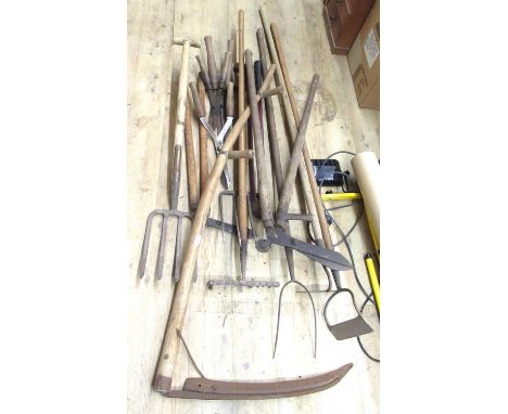 The Grange Goathland - Garden tools including edging clippers, hedge clippers, forks, hoes, rake, etc 