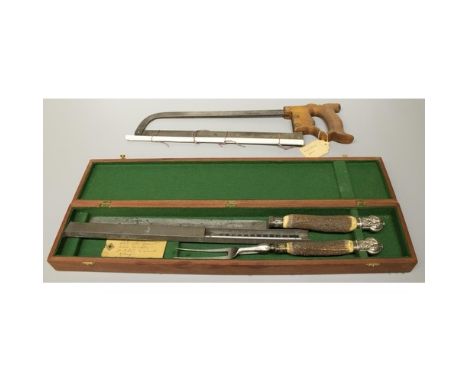 The Grange Goathland - Victorian antler handled Sheffield steel carving knife and fork, the hallmarked silver mounts cast wit