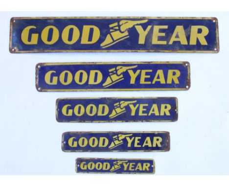 Five graduating Goodyear steel plate enamel signs, 10cm x 56cm max (5) 