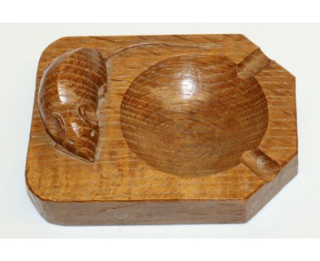 Robert Mouseman Thompson of Kilburn - an oak rectangular ashtray, carved with signature mouse, D20cm 