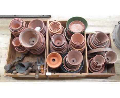 The Grange Goathland - Large collection of various terracotta pots, and potting shed tools including rare Husqvarna soil fork