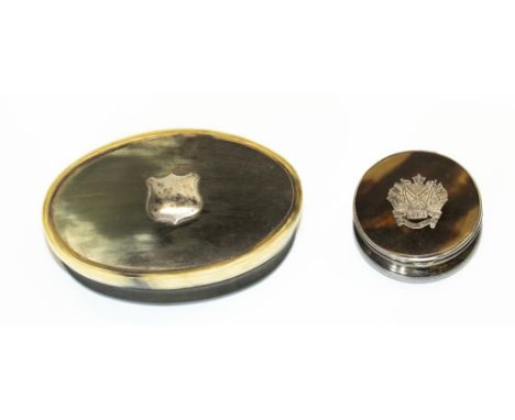 Geo.V hallmarked silver circular pill box, tortoishell lid inset with RMSP SS Arcadian crest, Birmingham 1925, D4cm a horn ov