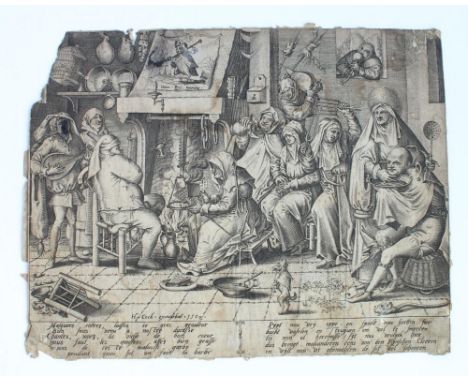 After Pieter Bruegel the Elder (1525-1569) by Pieter van der Heyden (1530-1572); Dutch/Flemish peasant allegorical tavern sce