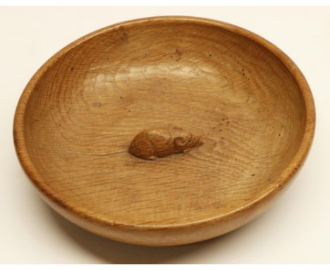 Robert Mouseman Thompson of Kilburn - an oak circular bowl, adzed interior carved with signature mouse, D20cm 