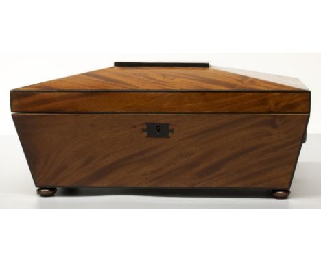 The Grange Goathland - Early Victorian mahogany sarcophagus shaped tea caddy, outlined with ebonised banding, interior with t