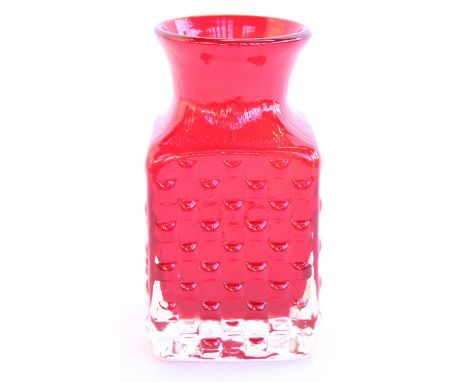 Whitefriars 'Chessboard' 9817 textured glass vase in ruby colourway as designed by Geoffrey Baxter c1972, H15cm 